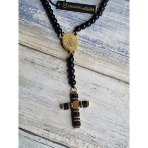 Anthony Jacobs Gold Black Bead Rosary Necklace Catholic Christian Cross Jewelry